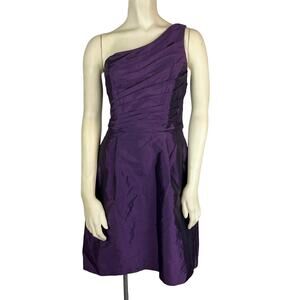 Monique Lhuillier Bridesmaid PURPLE one shoulder RUCHED satin sheath dress sz 6